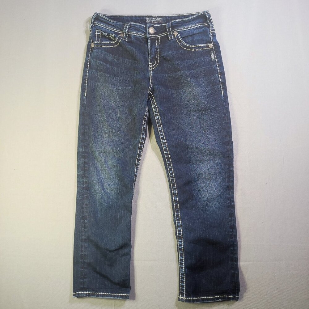 Silver Jeans Suki High Capri women's size W29 ink blue factory distressed